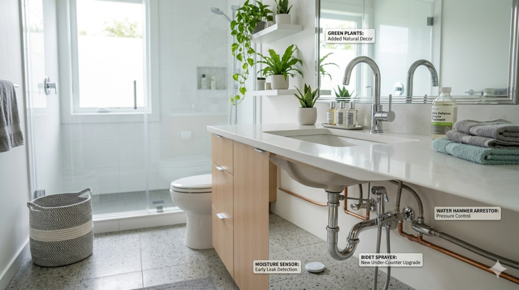 Updated bathroom showing bathroom upgrade ideas without renovation including new fixtures and accessories