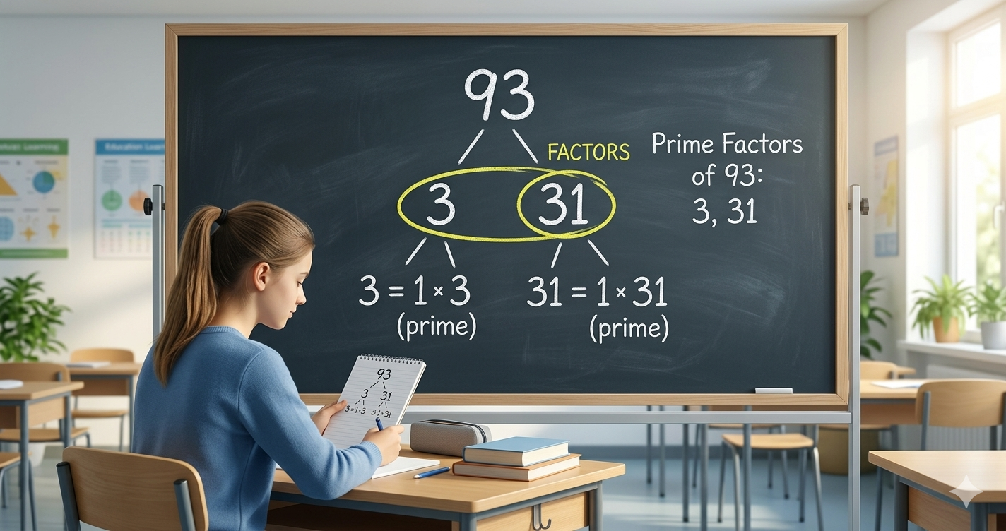 Factorization of 93 showing prime factors 3 and 31 in a simple math learning concept