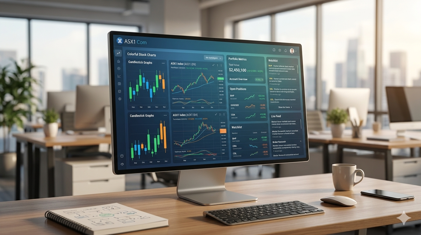ASX1 Com trading platform dashboard showing real-time stock charts and portfolio management tools